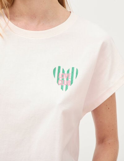 T-shirt droit col rond manches courtes rose poudr&eacute;e femme
