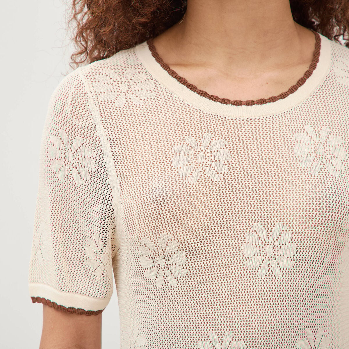 Pull droit court manches courtes ecru femme
