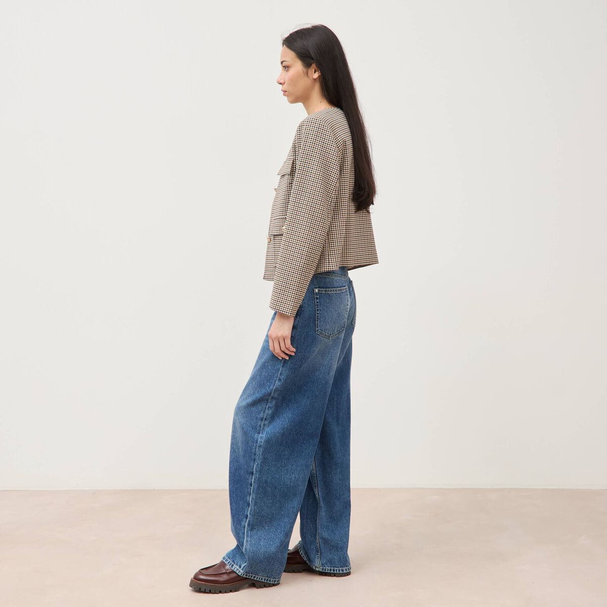 Veste &agrave; carreaux manches longues marron femme