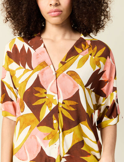Chemise manches courtes col cubain marron cognac femme