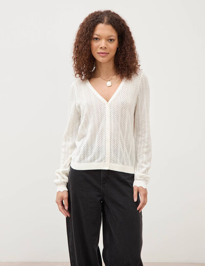 Gilet dos devant ajour&eacute; ecru femme