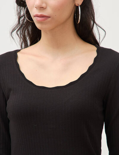 T-shirt ajust&eacute; col rond manches longues noir femme