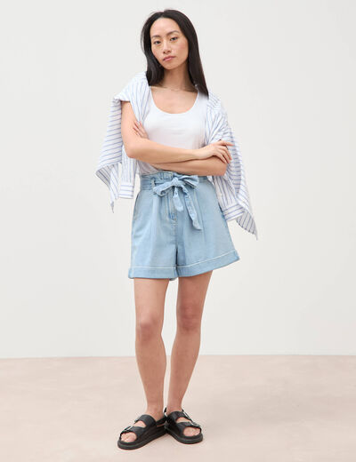 Short taille haute en jeans denim bleach femme