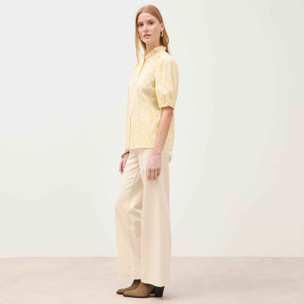 Chemise en coton manches coude jaune clair femme