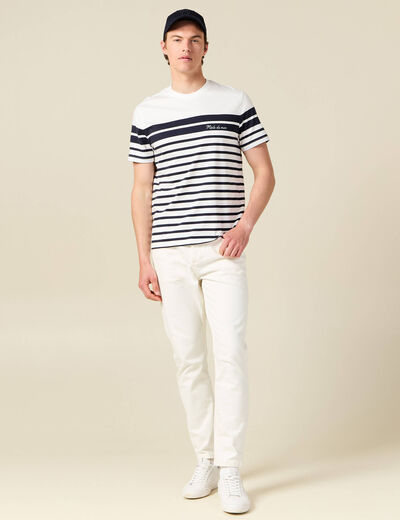 T-shirt ray&eacute; col rond manches courtes ecru homme