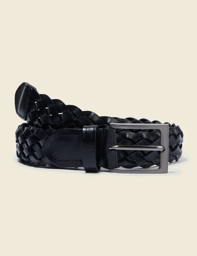 Ceinture large tress&eacute;e en cuir noir homme