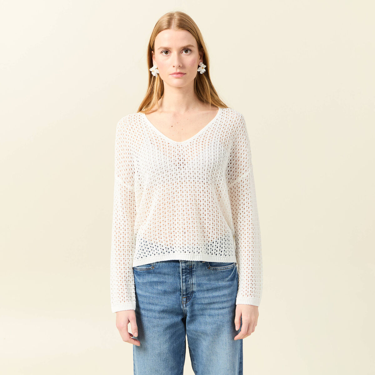Pull manches longues ajouré ecru femme