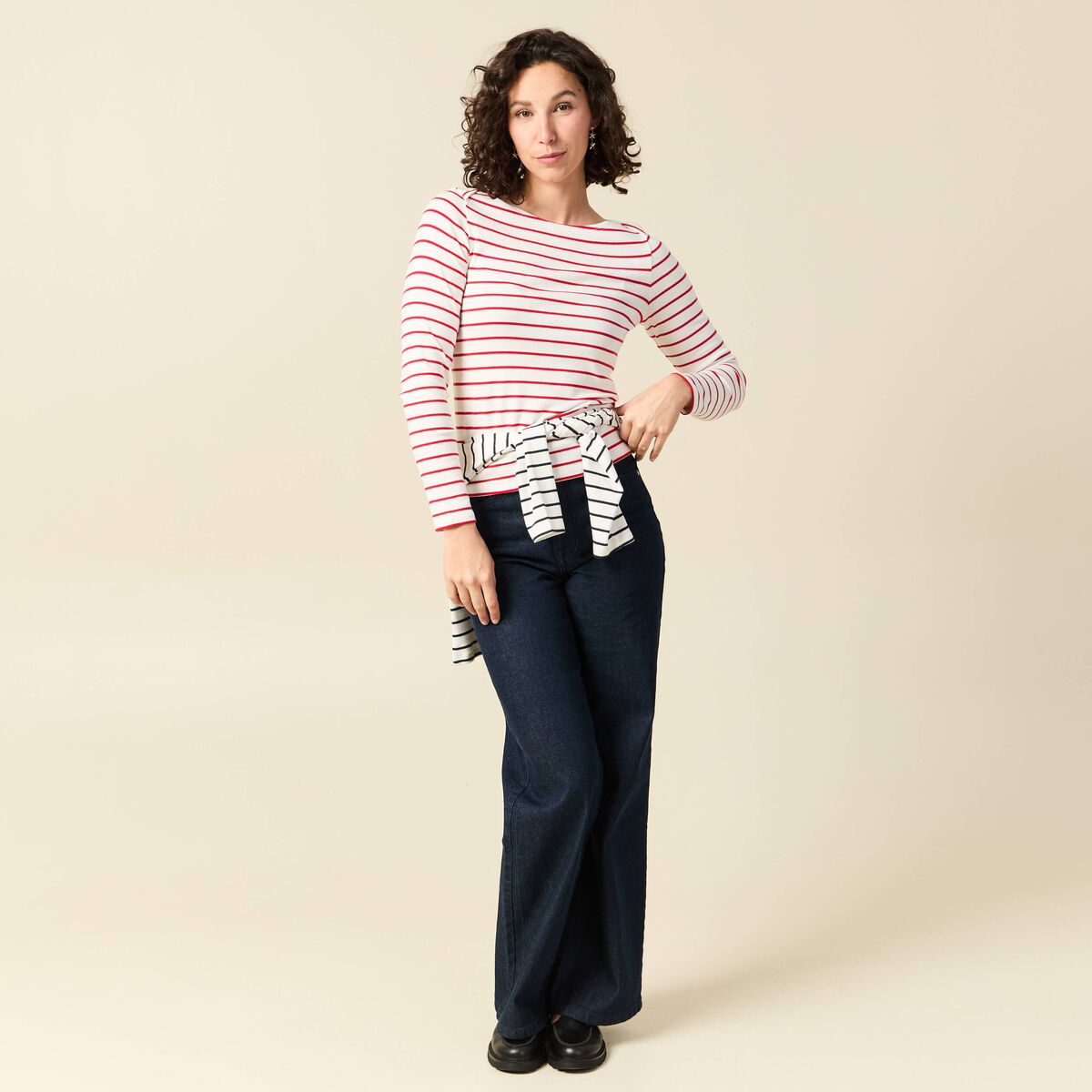 T-shirt ray&eacute; ajust&eacute; manches longues rouge femme