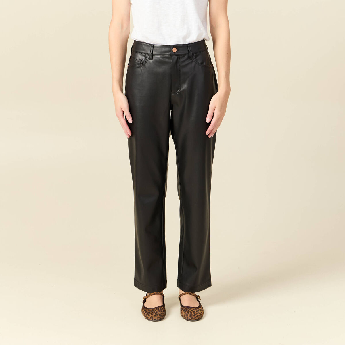 Pantalon taille haute similicuir noir femme