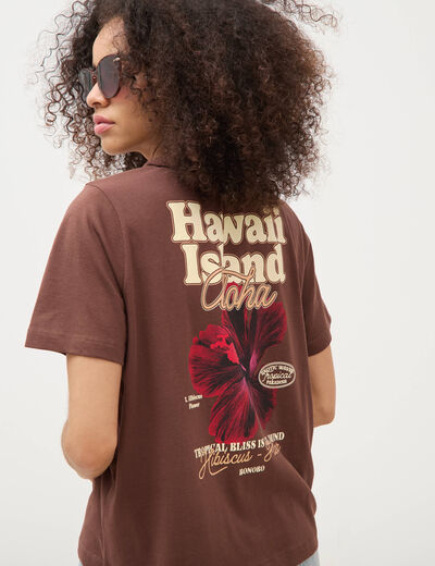 T-shirt droit en coton manches courtes marron cognac femme