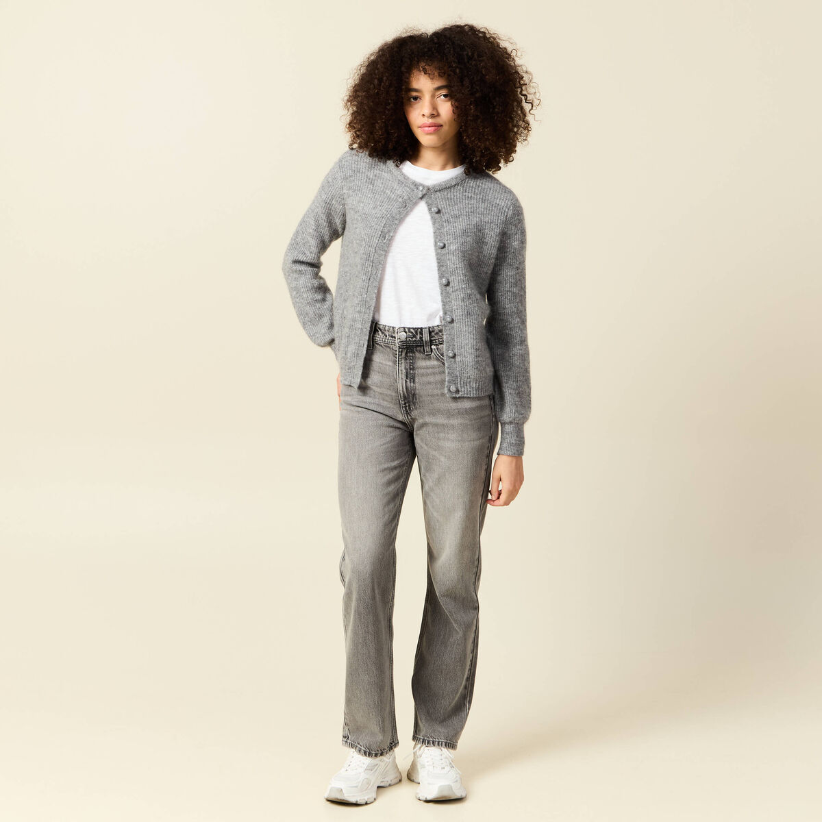 Jeans straight taille haute 7/8&egrave;me denim gris clair femme