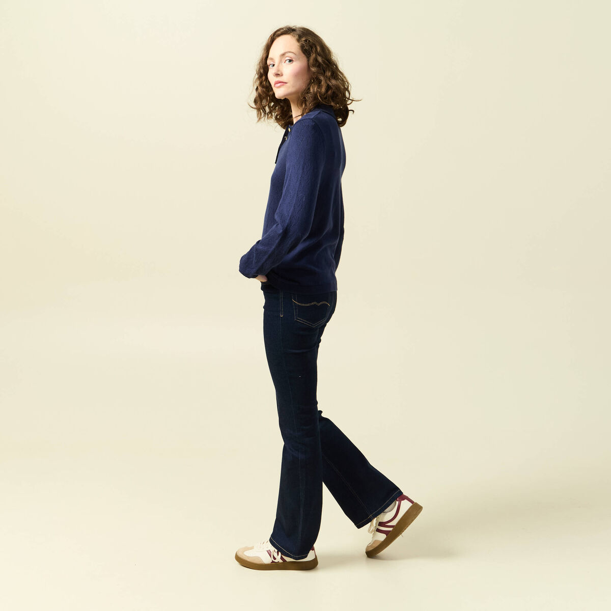 Pull ajour&eacute; manches longues en coton bleu marine femme