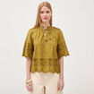 Blouse en coton manches courtes dentelle vert kaki femme