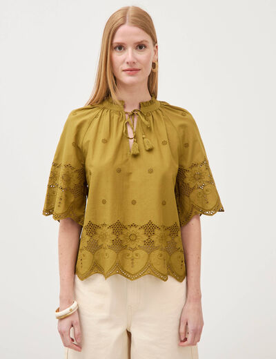 Blouse en coton manches courtes dentelle vert kaki femme