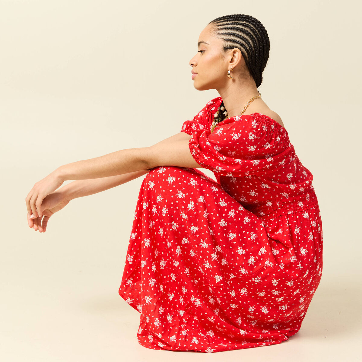 Robe longue &eacute;vas&eacute;e manches courtes rouge femme