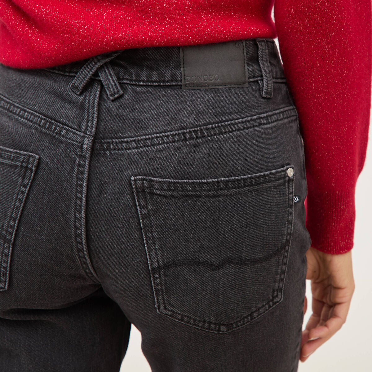 Jeans straight 7/8&egrave;me taille haute denim noir femme