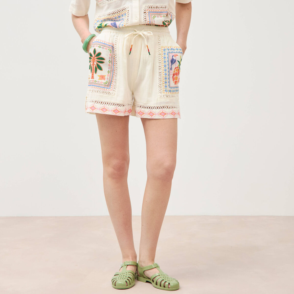 Short en coton avec doublure ecru femme