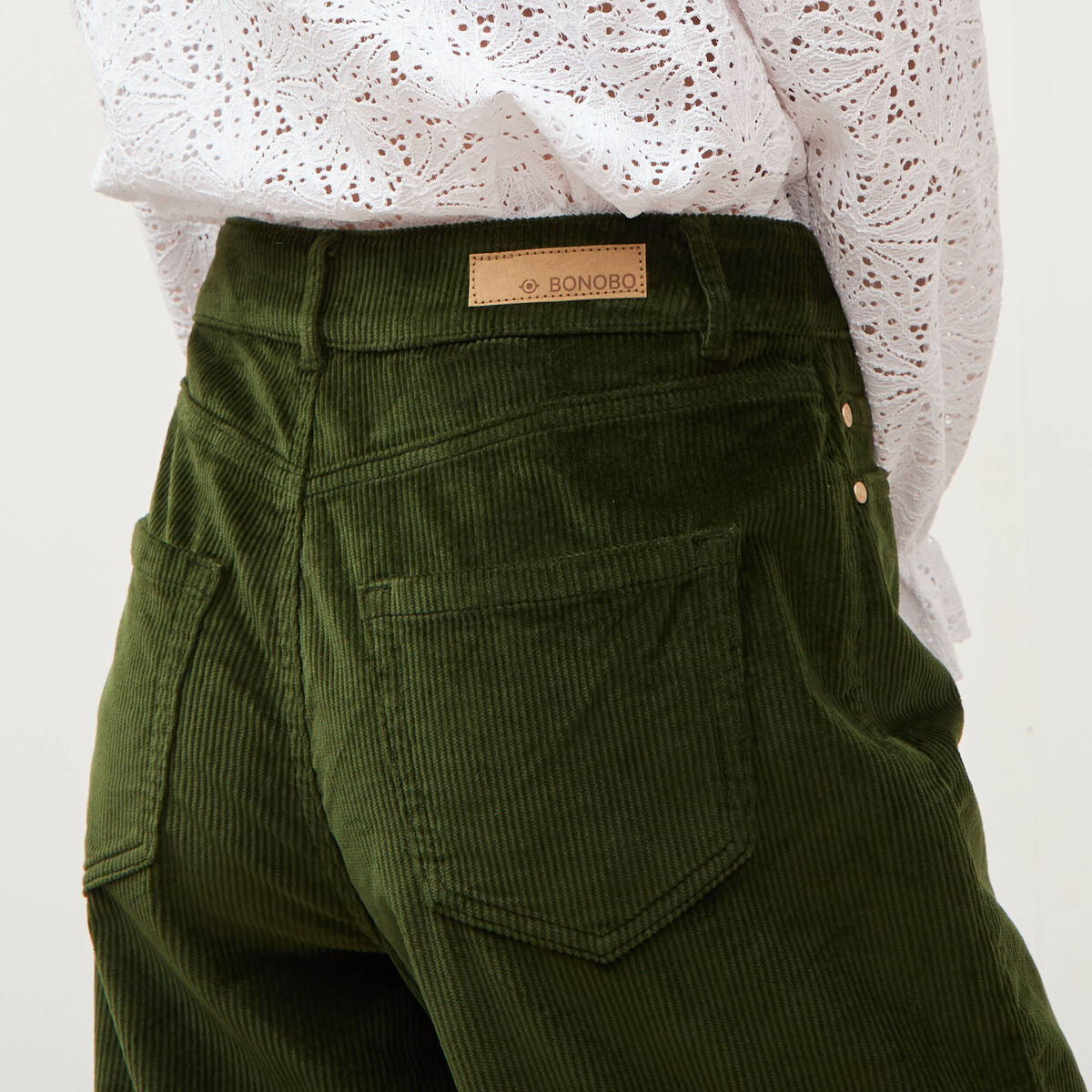 Pantalon barrel taille haute velours vert fonc&eacute; femme