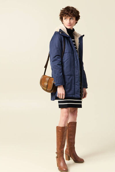 Parka droite à capuche bleu marine femme