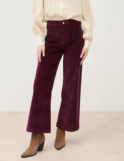 Pantalon large taille haute en velours prune femme