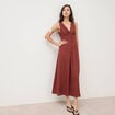 Robe sans manches col v marron cognac femme