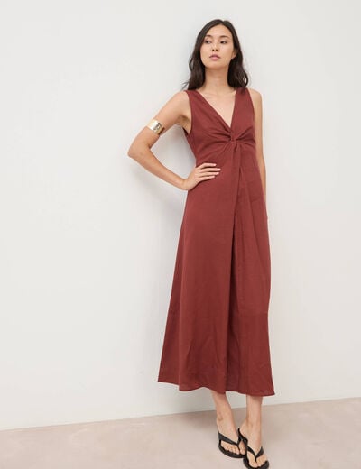 Robe sans manches col v marron cognac femme