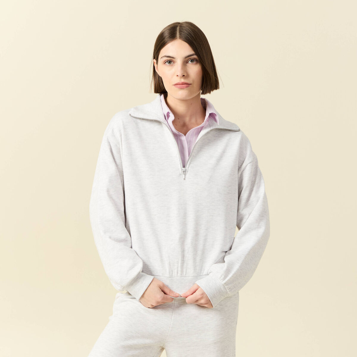 Sweat manches longues col camionneur gris femme