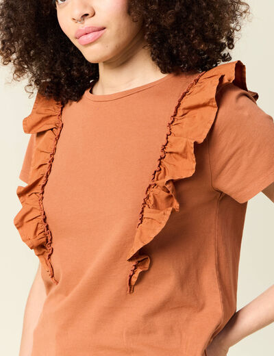T-shirt en coton manches courtes marron cognac femme
