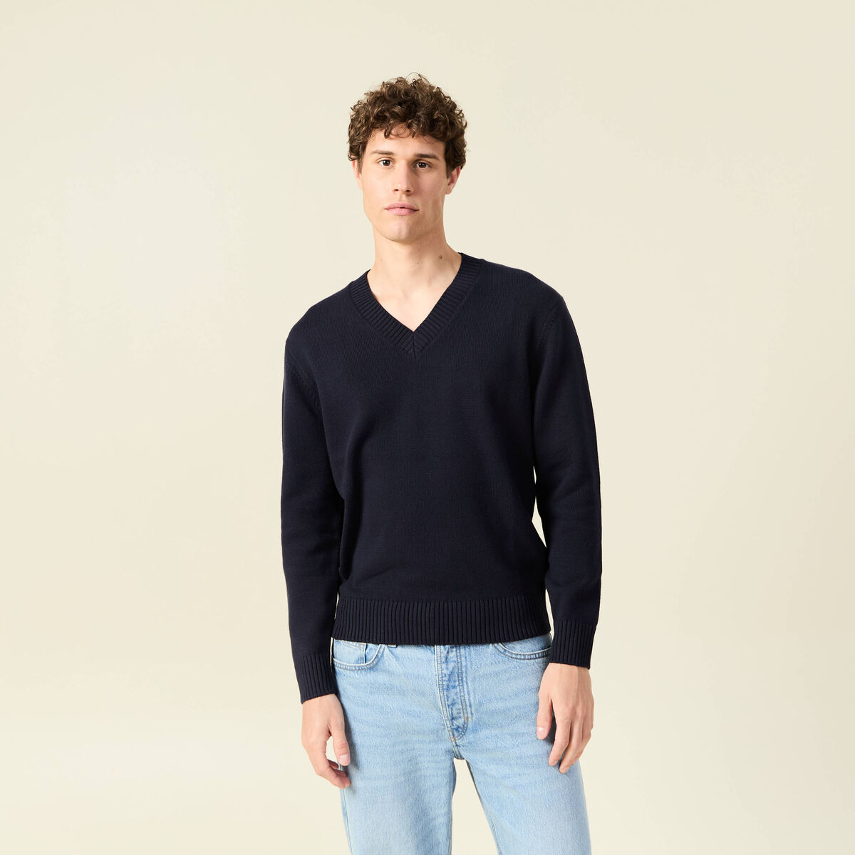Pull fin col v manches longues bleu marine homme