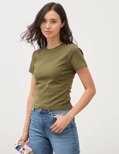 T-shirt ajust&eacute; col rond manches courtes vert olive femme