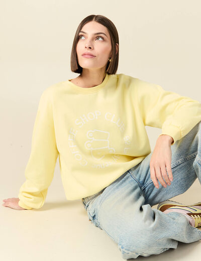 Sweat droit court manches longues jaune pastel femme