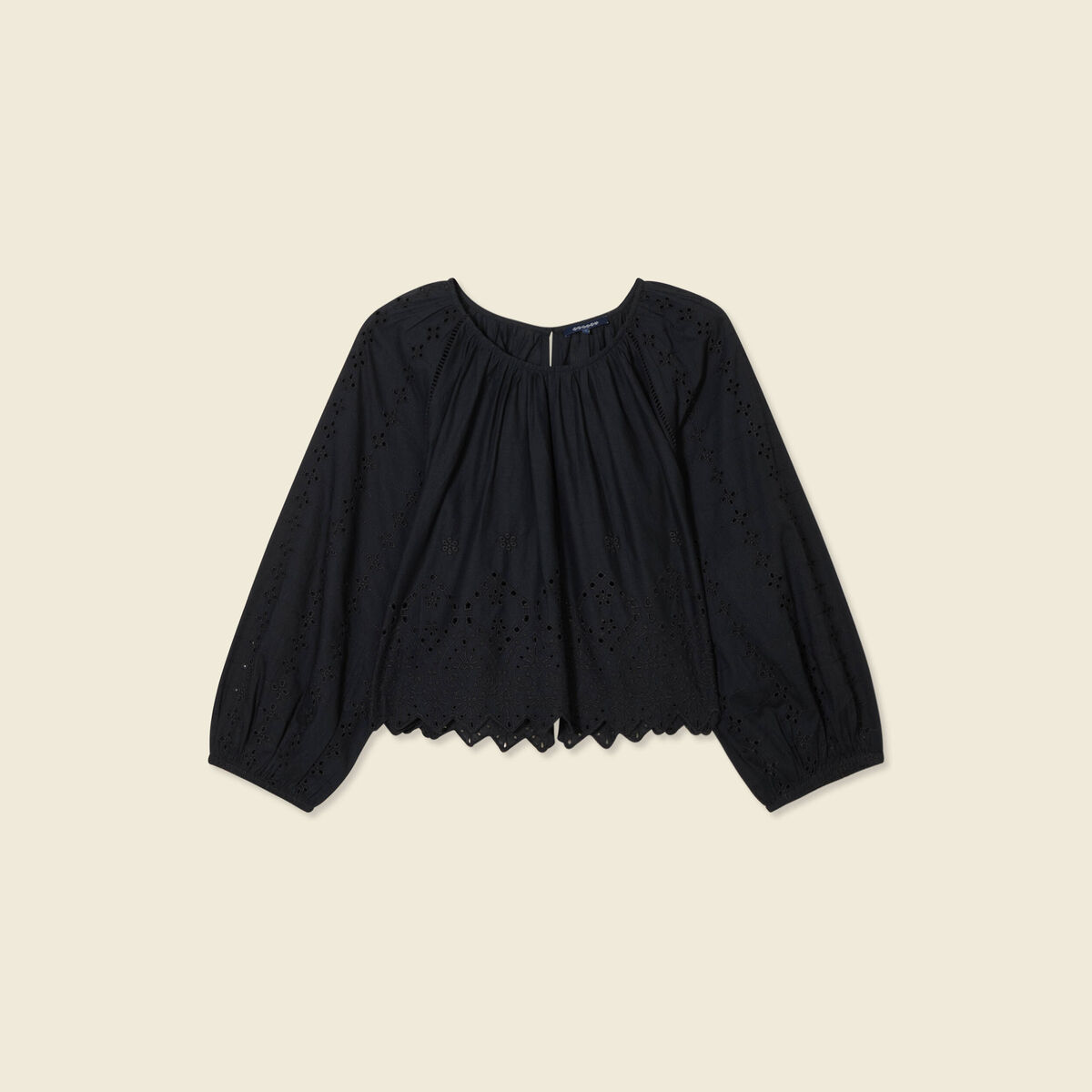 Blouse manches 3/4 brodée noir femme