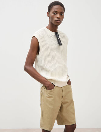 Pull sans manches col rond en coton ecru homme