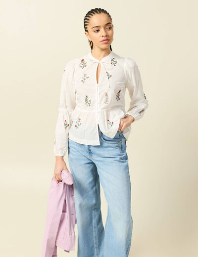 Chemise brod&eacute;e en coton manches longues ecru femme