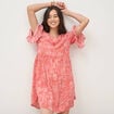 Robe fluide col rond manches coude orange corail femme