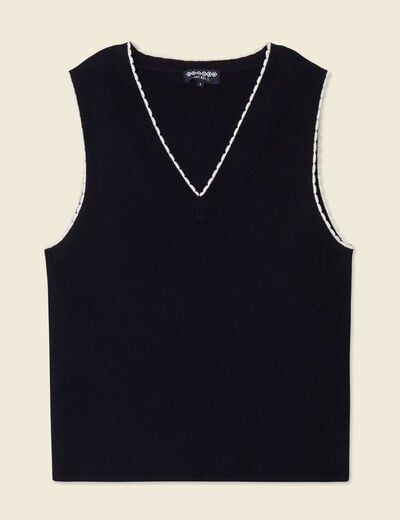 Pull sans manches col en V bleu marine femme