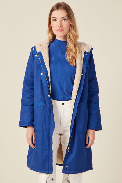 Parka droite à capuche doublée bleu electrique femme