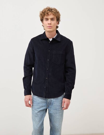 Chemise col classique en velours bleu marine homme