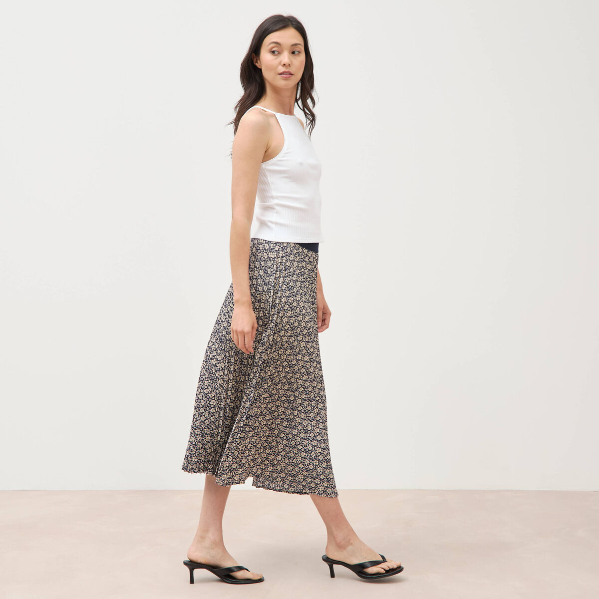 Jupe longue droite pliss&eacute;e bleu marine femme