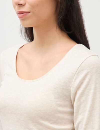 T-shirt cintr&eacute; col rond manches longues beige femme