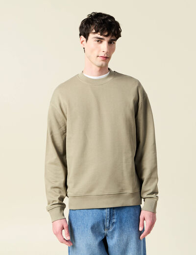 Sweat col rond manches longues en coton vert kaki homme