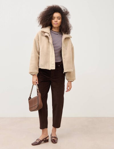 Pantalon taille haute velours resserr&eacute; marron femme