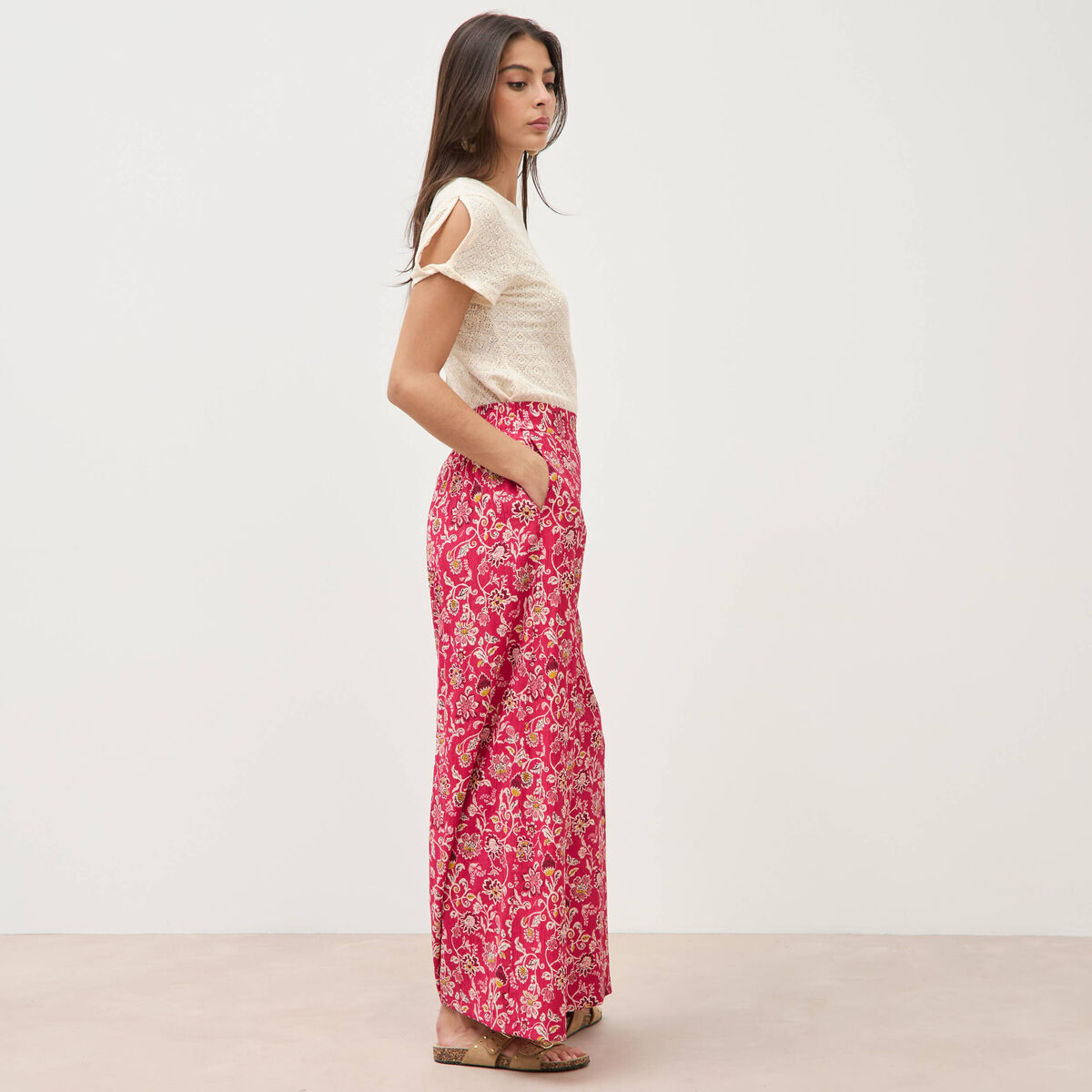 Pantalon large taille haute rouge cerise femme