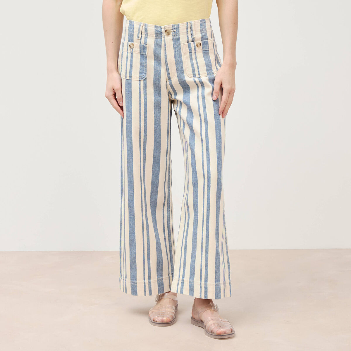 Jeans large cropped taille haute ray&eacute; bleu ciel femme