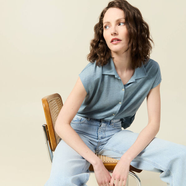 Polo en lin manches courtes bleu gris femme