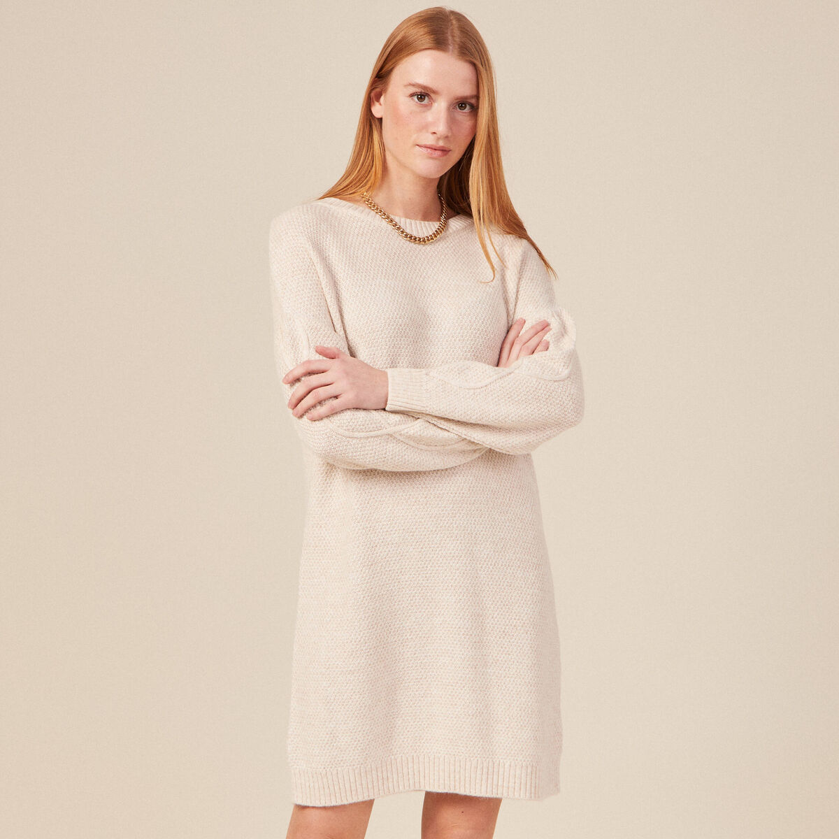 Robe pull droite torsades creme femme