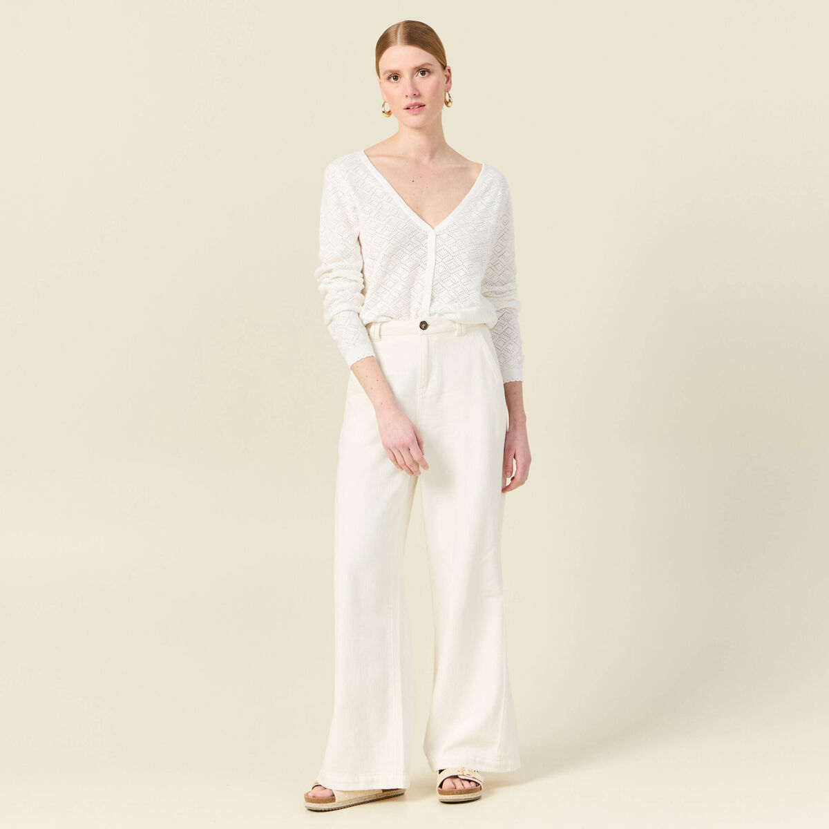 Gilet manches longues ajouré ecru femme