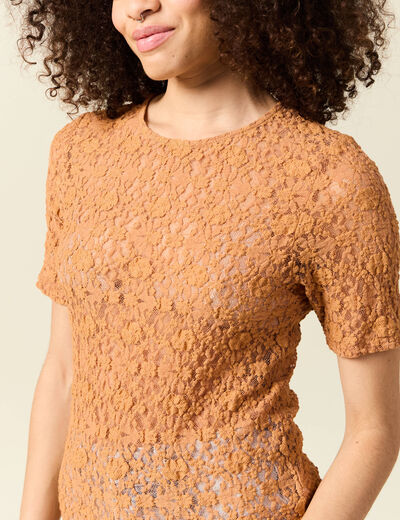 T-shirt cintr&eacute; col rond dentelle terracotta femme