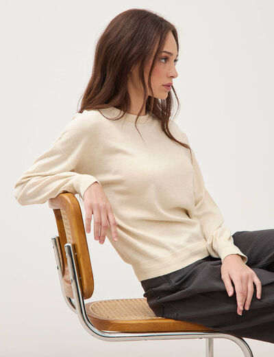 Pull oversize col rond manches longues creme femme