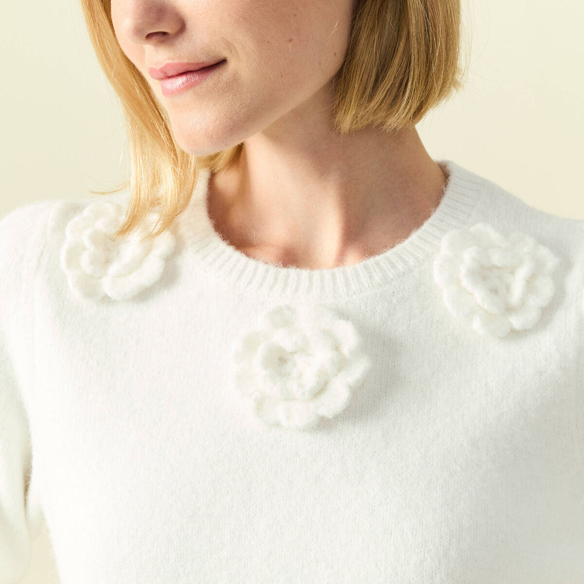 Pull manches longues col rond ecru femme